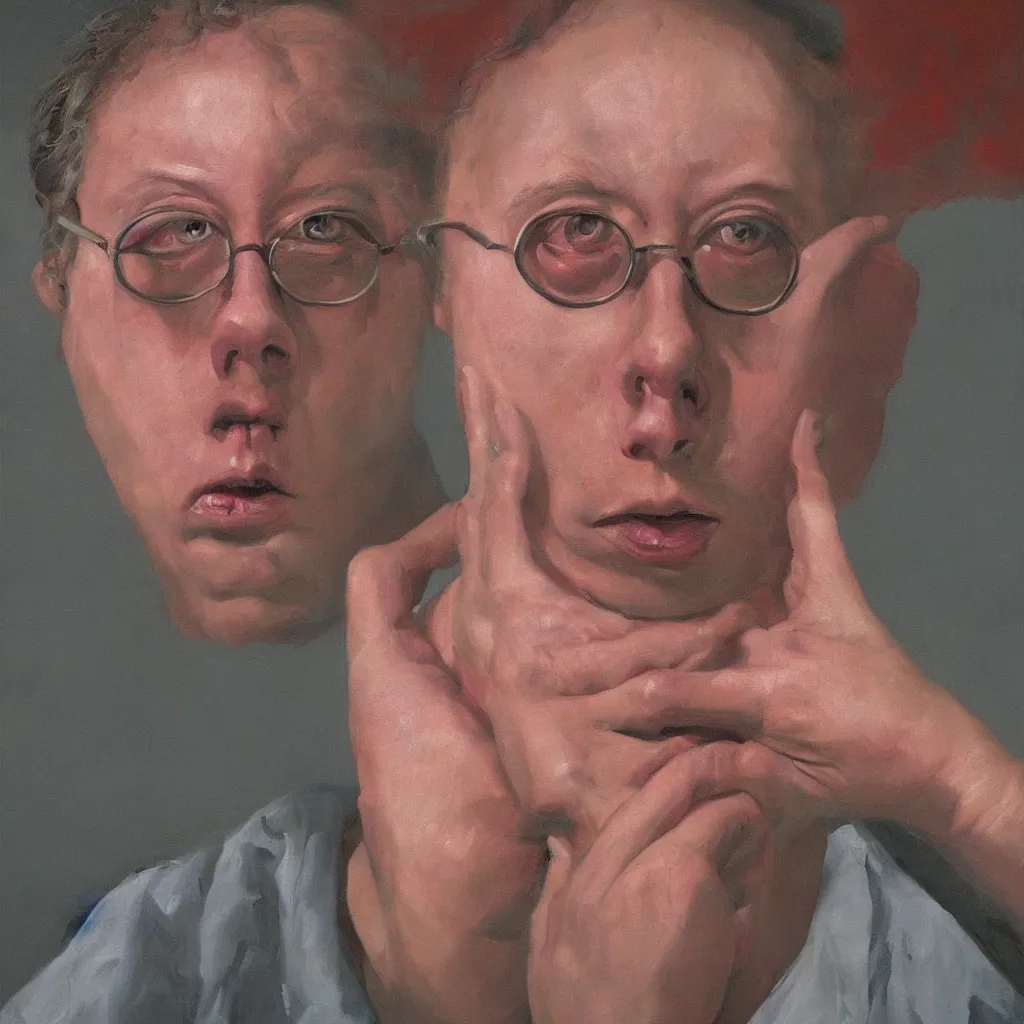 Image similar to oil painting by christian rex van minnen portrait of todd solondz, extremely bizarre disturbing, intense chiaroscuro lighting perfect composition masterpiece intense emotion