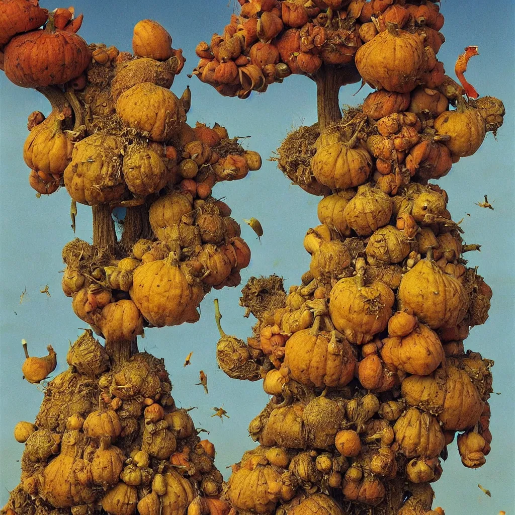 Image similar to a single! colorful! ( beksinski ) gourd fungus bird tower clear empty sky, a high contrast!! ultradetailed photorealistic painting by jan van eyck, audubon, rene magritte, agnes pelton, max ernst, walton ford, andreas achenbach, ernst haeckel, hard lighting, masterpiece