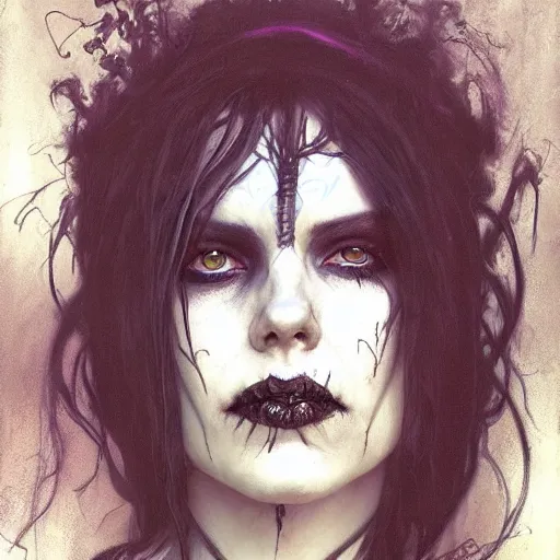 Prompt: portrait of wyona rider as death from sandman, gentle smile, by cedric peyravernay, alphonse mucha, by jeremy mann, by lecouffe deharme, goth chic, soft lightning, eyeliner, punk rock, high detailed, 8 k