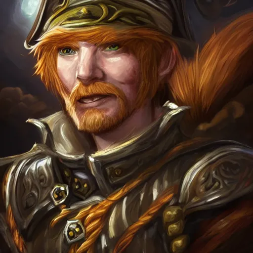 Image similar to handsome grinning ginger elf rogue, tricorne pirate captain hat, naval background, D&D, fantasy, portrait, cinematic lighting, centered, symmetrical, highly detailed, digital painting, artstation, concept art, smooth, sharp focus, illustration, volumetric lighting, epic Composition, 8k, anatomically correct, art by Akihiko Yoshida and Greg Rutkowski and Craig Mullins, oil painting, cgsociety