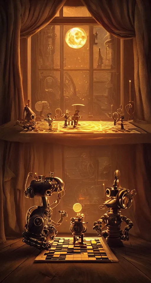 Image similar to a beautiful tapestry, a small robot playing 3 d chess, ultra detailed, subtle atmospheric lighting, shadows, night time, moonlight coming through a window, steampunk, moody, candles, moonlight, characters from machinarium, by don bluth, trending on artstation, octane render, 8 k, ultra realistic