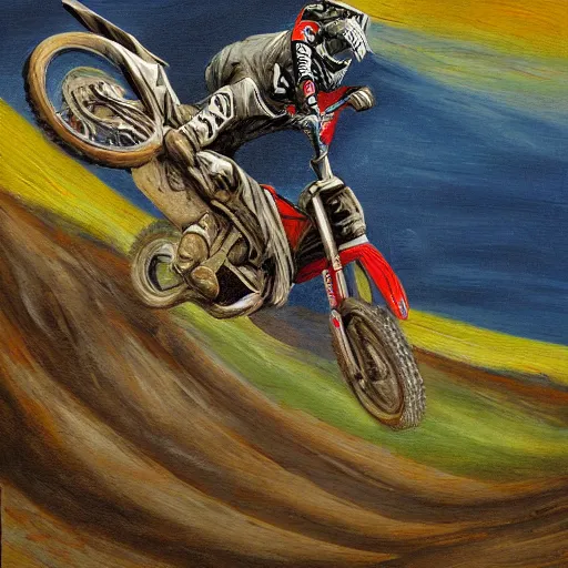 Prompt: motocross rider on dirt jump, garden of earthly delights painting by jerome bosch