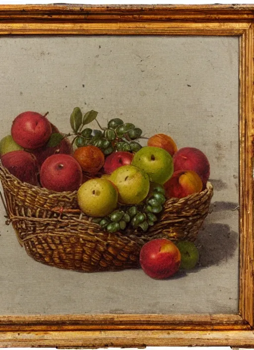 Prompt: a 1 9 th century oil sketch of a basket full of fruit. high quality scan