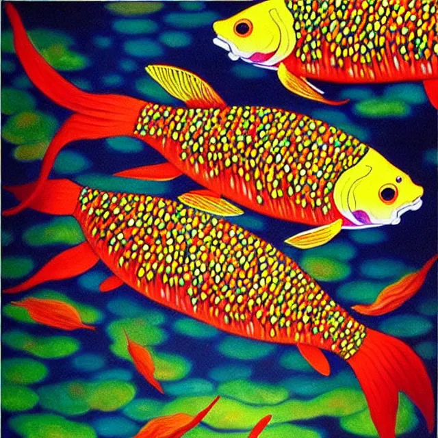 Prompt: a beautiful painting carp swim in the fire, by kusama miyama realistic oil painting