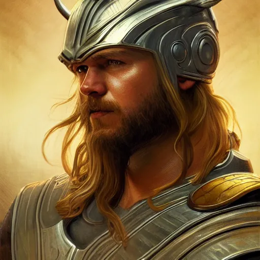 Prompt: portrait of thor, norse mythology, god, mjolnir, intricate, headshot, highly detailed, digital painting, artstation, concept art, sharp focus, cinematic lighting, illustration, art by artgerm and greg rutkowski, alphonse mucha, cgsociety