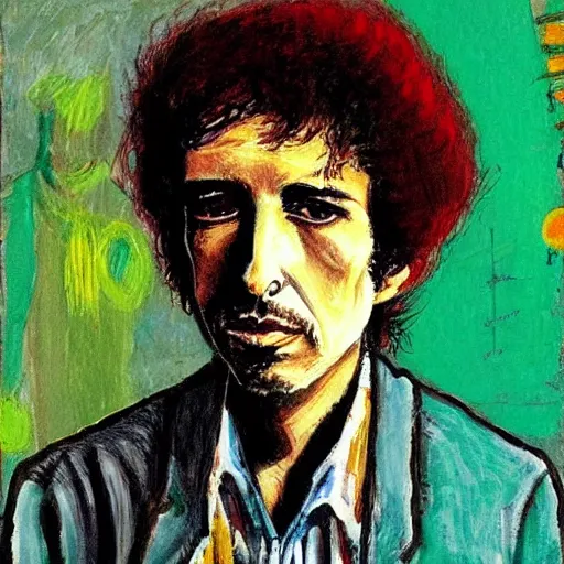 Prompt: portait of bob dylan art by peter doig