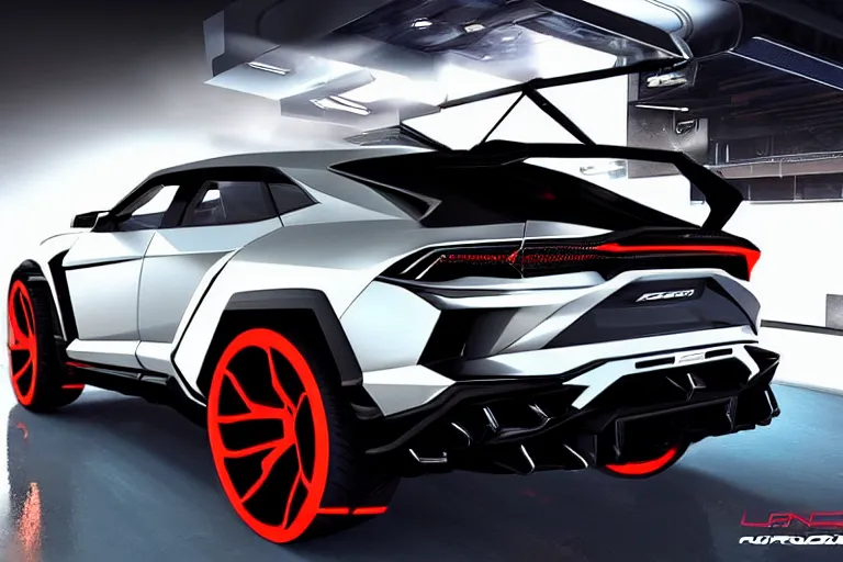 Image similar to cyberpunk lamborghini urus concept inspired sports car, futuristic look, highly detailed body, very expensive, photorealistic camera shot, bright studio setting, studio lighting, crisp quality and light reflections, unreal engine 5 quality render