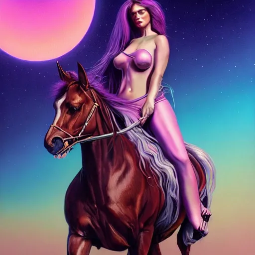 Image similar to painting of a very beautiful woman riding a centaur,, and a purple coloured leather jacket, one side haircut, long brown hair with light blue ends, portrait, hyperdetailed, artstation, cgsociety, synthwave by tangerine dream, by jean - michel jarre, by vangelis, by john carpenter