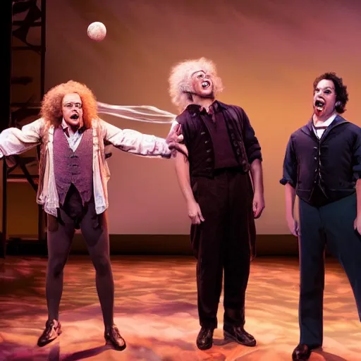 Image similar to quantum physics the musical on broadway, with isaac newton, albert einstein, the apple and the moon