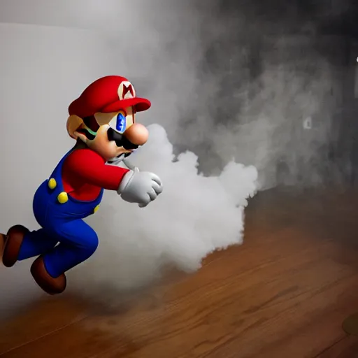 Prompt: mario trying to escape a room filling with smoke