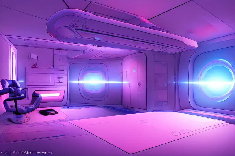 Prompt: realistic illustration of a room, central perspective, spaceship sleep room with alien biomech techonlogical cabled cubicle at the!!! center!!! of the image, pink, blue studio light, volumetric light, artstation, artgerm, hiroaki samura, jiro matsumoto, murata, unreal engine, sharp focus high quality 8 k