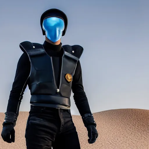 Image similar to medium face shot of adult Austin Butler with exposed head, dressed in black-prussian blue futuristic-tudoresque clothing with embroidered-Ram-emblem, and nanocarbon-vest, in an arena in Dune 2021, XF IQ4, f/1.4, ISO 200, 1/160s, 8K