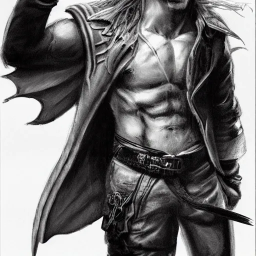 Image similar to portrait of a muscular, grim, ponytail haired blonde man in his late 30's, wearing a thick brown leather coat, looking to his side, hunter, DnD character, fantasy character, dramatic lighting, high detail, black and white digital art by Boris Vallejo