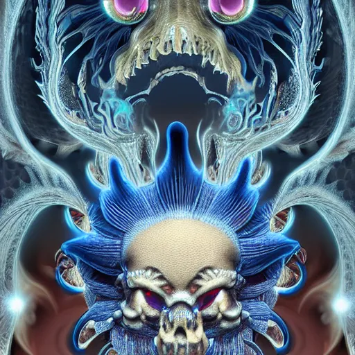Image similar to 3 d demon close up frontal view, portrait, astral, with ram golden skull. beautiful intricately detailed japanese fractal kitsune mask, water and clasical japanese kimono. betta fish, jellyfish fractal, bio luminescent, plasma, ice, water, wind, creature, mandelbulb, fractal, artwork by tooth wu and wlop and beeple and greg rutkowski