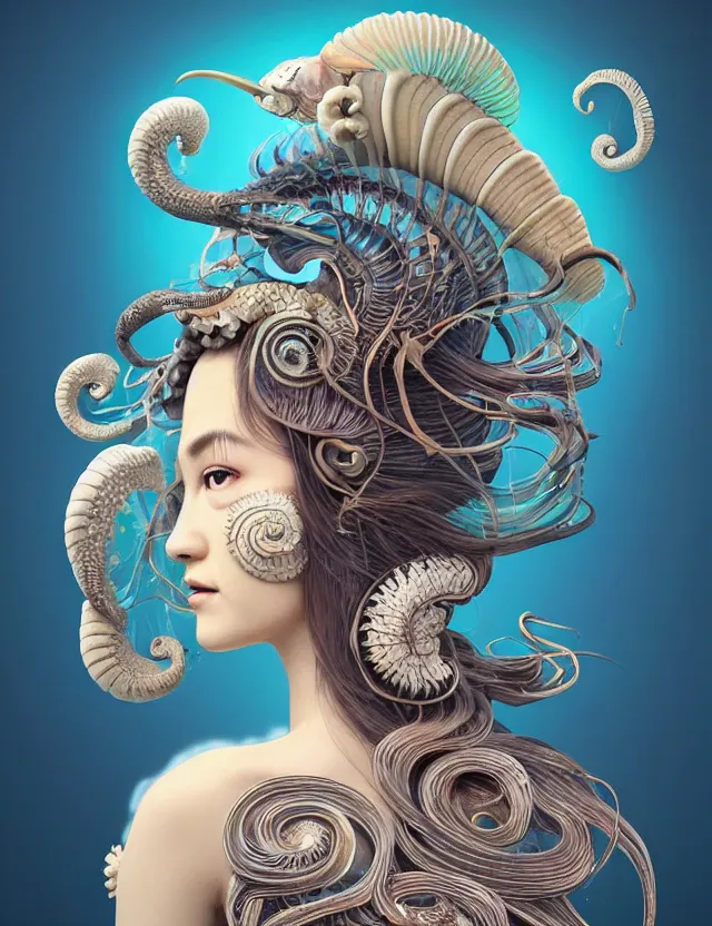 Image similar to 3 d goddess nautilus half - turn portrait with long hair with ram skull. beautiful intricately detailed japanese crow kitsune mask and clasical japanese kimono. betta fish, jellyfish phoenix, bio luminescent, plasma, ice, water, wind, creature, artwork by tooth wu and wlop and beeple and greg rutkowski