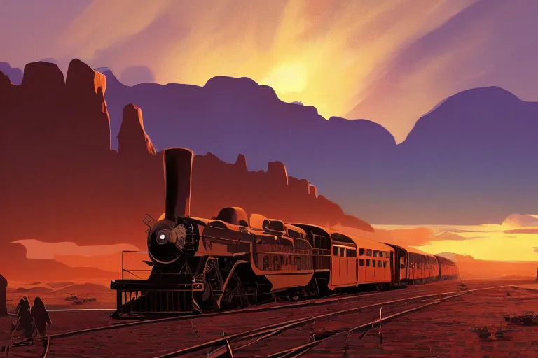 Image similar to idyllic old western train station illustration by syd mead, artstation, 4 k, graphic novel, concept art, matte painting, steam engine spewing billowy clouds of steam, beautiful mountain desert sunset background, golden hour