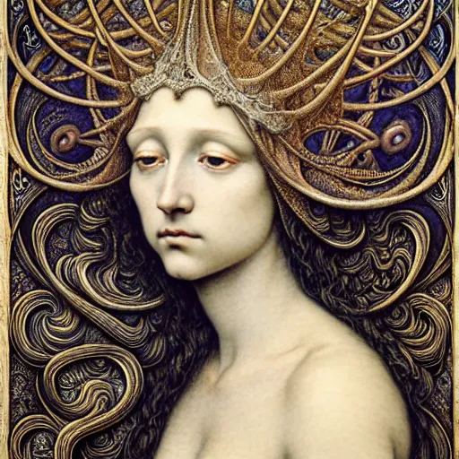 Prompt: beautiful young medieval queen face portrait by jean delville, gustave dore, iris van herpen and marco mazzoni, art forms of nature by ernst haeckel, art nouveau, symbolist, visionary, gothic, neo - gothic, pre - raphaelite, fractal lace, intricate alien botanicals, ai biodiversity, surreality, hyperdetailed ultrasharp octane render