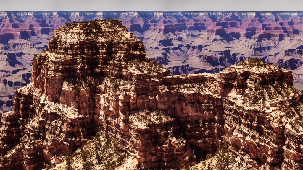 Image similar to an atmospheric screenshot of a film by denis villeneuve featuring a dark gothic cathedral carved out of rock at the top of the grand canyon