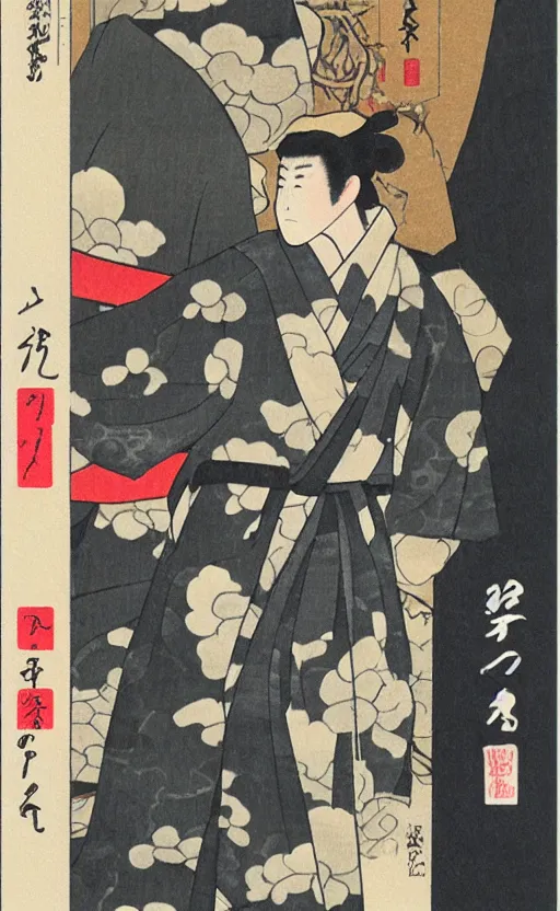 Image similar to by akio watanabe, manga art, male calligrapher walking in kyoto street, kimono, trading card front