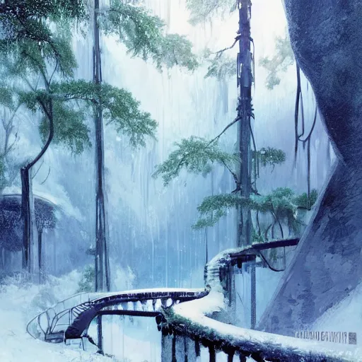 Image similar to stairs leading to a frozen derelict portal in a middle of a snowy lush futuristic forest, green lush world seen only through a portal, daylight, cinematic lighting, blue sky, syd mead, john harris