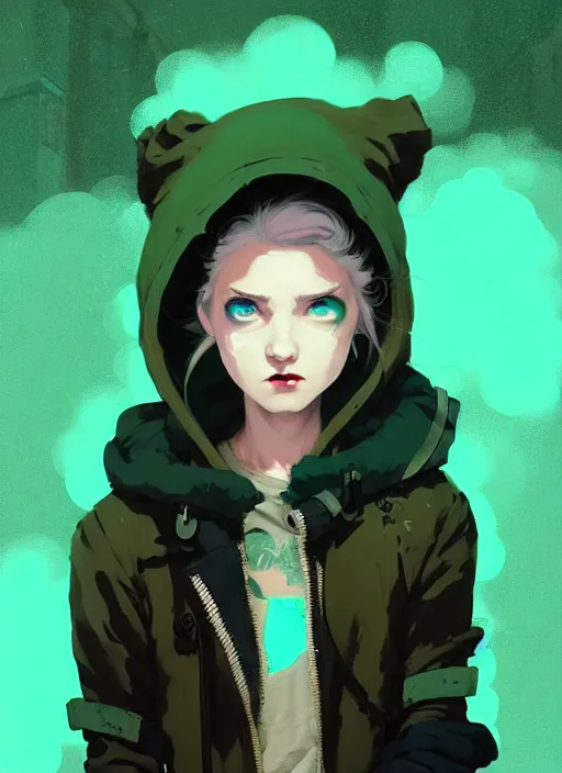 Image similar to highly detailed portrait of a sewer punk lady student, blue eyes, hoodie, cloudy curly white hair by atey ghailan, by greg rutkowski, by greg tocchini, by james gilleard, by joe fenton, by kaethe butcher, gradient green, black, brown and cyan color scheme, grunge aesthetic!!! ( ( graffiti tag wall background ) )