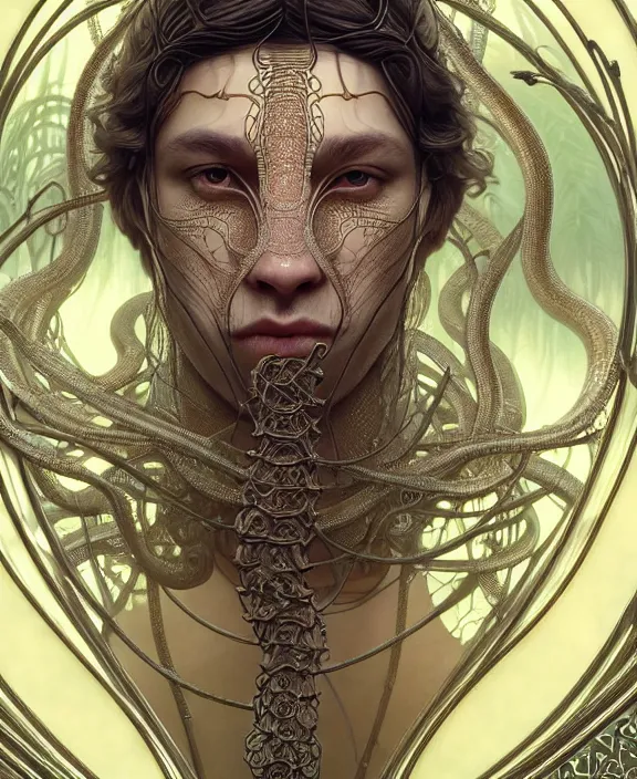 Prompt: intricate ornate opulent transparent clear see - through portrait of a horrific beautiful male human wolf snake, adorable, childlike, overgrown biopunk jungle environment, ultra realistic, concept art, art nouveau, photorealistic, octane render, 8 k, unreal engine. art by christopher marley and artgerm and greg rutkowski and alphonse mucha