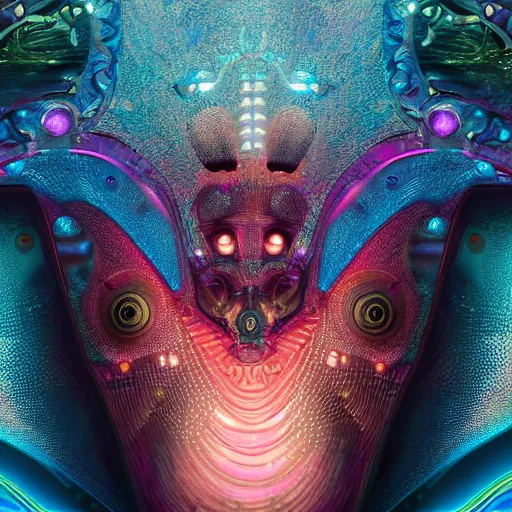 Image similar to Face of a Alien Deity, corals, circuitry, plume made of geometry, extremly detailed digital painting, sharp focus in the style of android jones, artwork of a futuristic artificial intelligence superstar, mystical colors, rim light, beautiful lighting, 8k, stunning scene, raytracing, octane, under water visual distortion, dark tones colors, trending on artstation