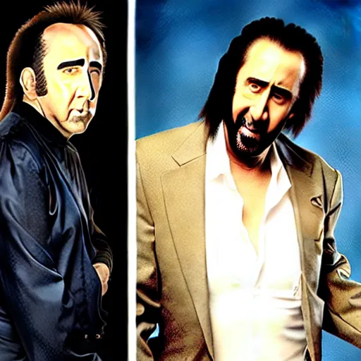 Image similar to nicolas cage fighting against osho