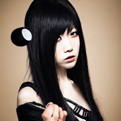 Image similar to professional upper body photograph of female japanese model in emo makeup, long hair, fringe. pretty and detailed eyes