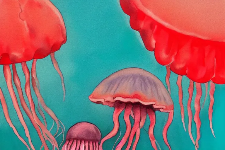 Image similar to painting of a red jellyfish in the deep sea alone, focus on pink jellyfish, dark background, arcylic,