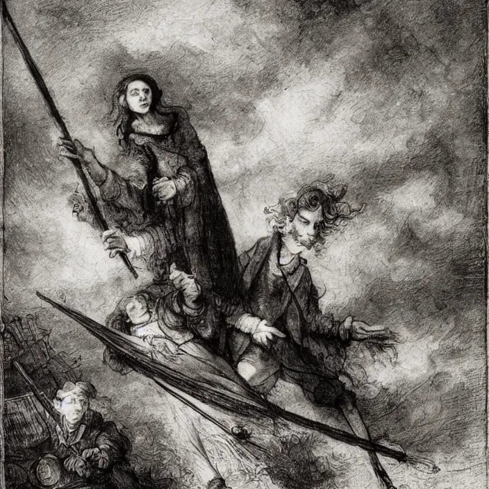 Prompt: Harry Potter and Hermione fly on a broomstick over venice, by Rembrandt,