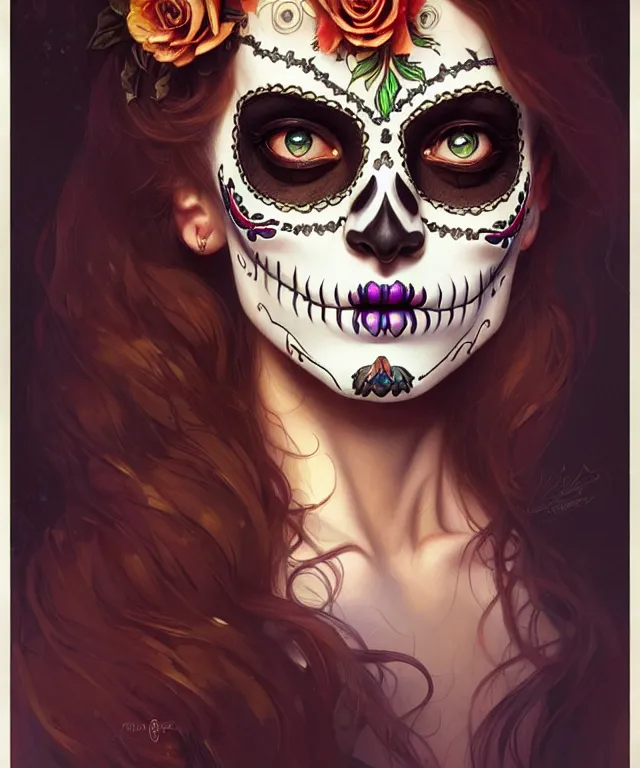 Prompt: sugar skull day of the dead girl, amber eyes, face, long hair, fantasy, intricate, elegant, highly detailed, digital painting, artstation, concept art, smooth, sharp focus, illustration, art by artgerm and greg rutkowski and alphonse mucha