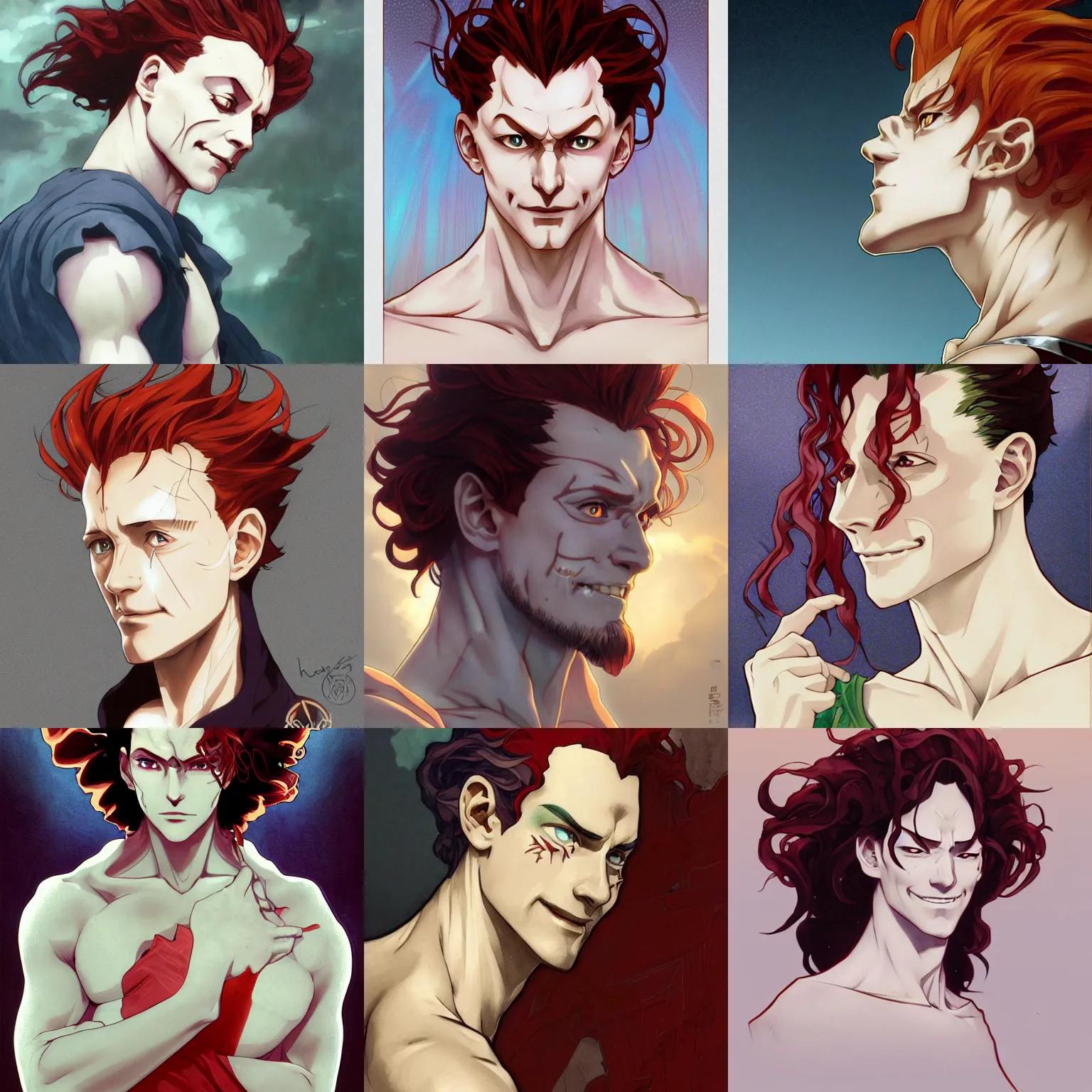 Prompt: hisoka, ( ( tom hiddleston ) ), cel - shaded animesque art by artgerm and greg rutkowski and alphonse mucha, smooth white skin, smirking face, reddish hair, d & d, fantasy, portrait, highly detailed, side profile, digital painting, trending on artstation, concept art, sharp focus, illustration