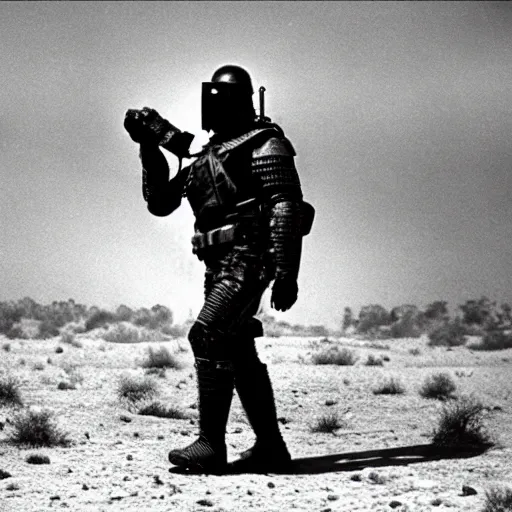 Image similar to a heavily armored man wearing a gasmask, walking through a land made of flesh and eyes, surreal, film still, directed by Phil Tippett, arriflex