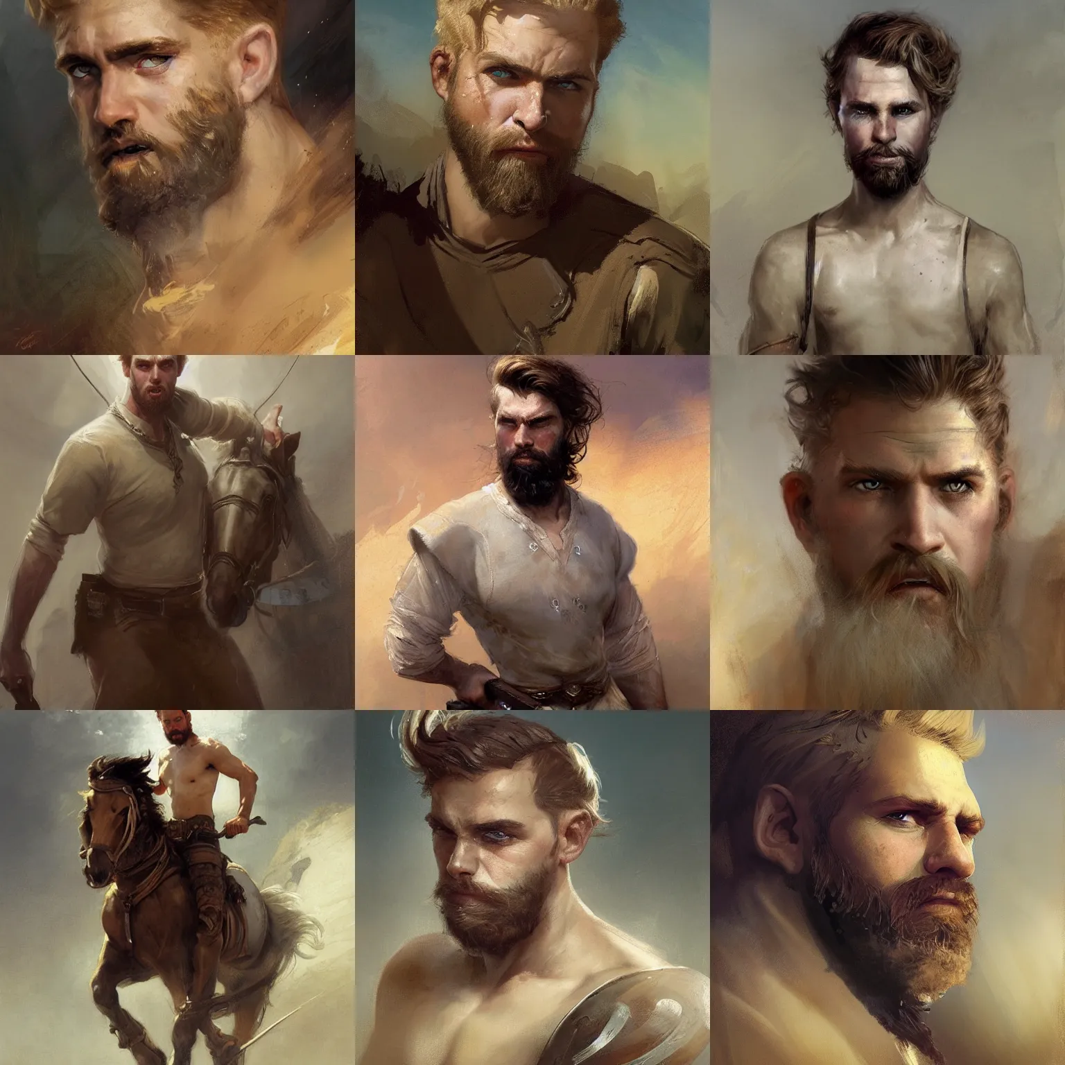 Prompt: young english stable hand with short sand - colored hair and a trim beard, big forehead, dopey expression, athletic, fantasy character portrait by greg rutkowski, gaston bussiere, craig mullins