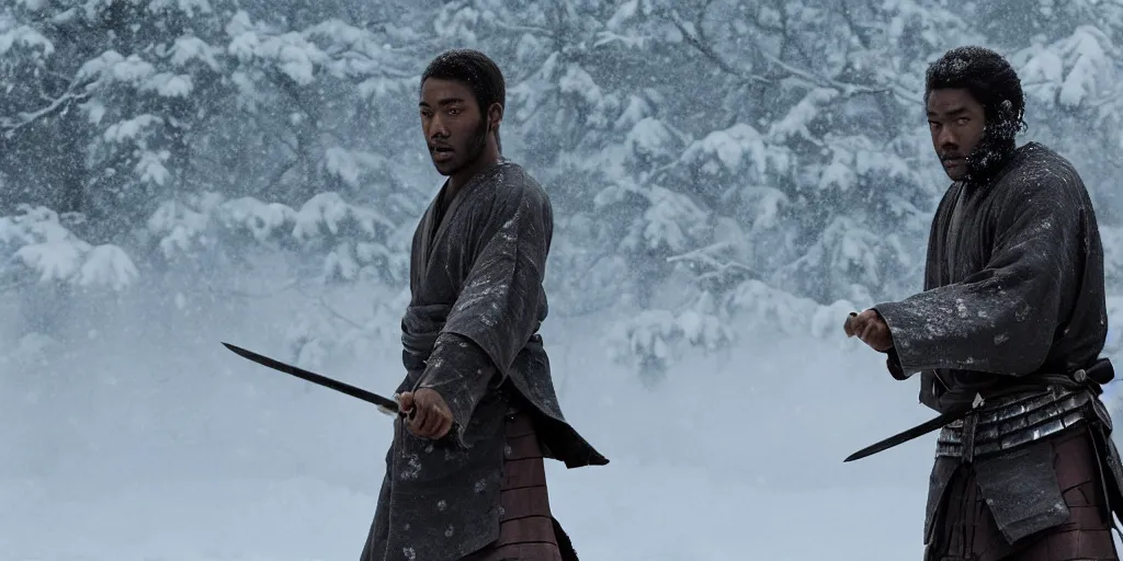 Image similar to a film still of a black man starring in a japanese blockbuster film as ancient samurai, having an intense sword fight in the snow, shallow depth of field, cinematic, award winning cgi, vfx, film still