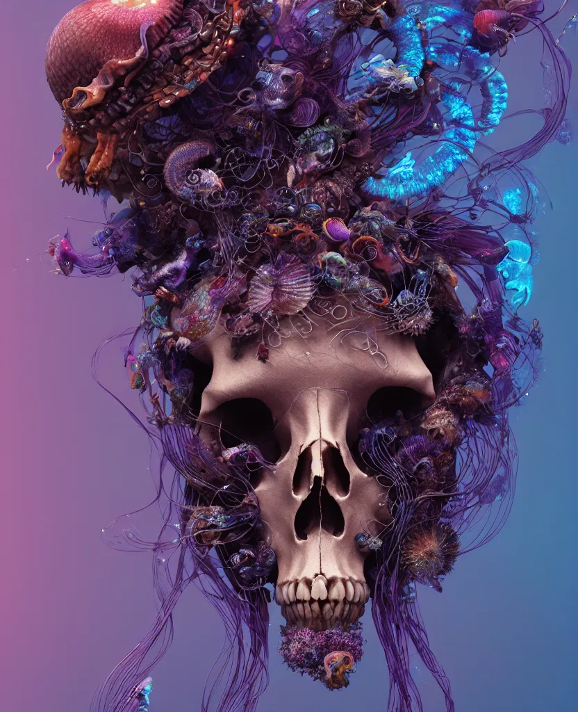 Image similar to goddess close-up portrait animal skull. jellyfish phoenix head, nautilus, orchid, skull, betta fish, bioluminiscent creatures, intricate artwork by Tooth Wu and wlop and beeple. octane render, trending on artstation, greg rutkowski very coherent symmetrical artwork. cinematic, hyper realism, high detail, octane render, 8k