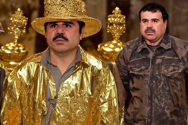 Image similar to el chapo is a genie standing in the middle of a grandiose mexican mansion. everything is made out of gold. el chapo is sipping on wine. the mansion is incredible and ornate. chapo has a clockwork chain. there are princesses and queens everywhere around him, lovely scene of a genie being a pimp