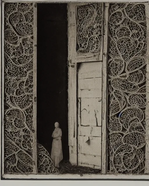 Prompt: a woman standing in a doorway, made of intricate decorative lace leaf, in the style of the dutch masters and gregory crewdson, dark and moody