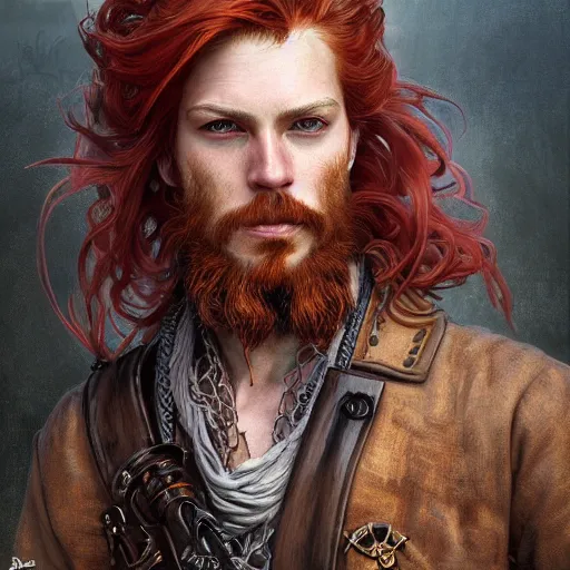 Prompt: portrait of a young rugged pirate, male, handsome, masculine, full body, red hair, long hair, d & d, fantasy, intricate, elegant, highly detailed, steampunk, airship, digital painting, artstation, concept art, matte, sharp focus, illustration, art by artgerm and greg rutkowski and alphonse mucha