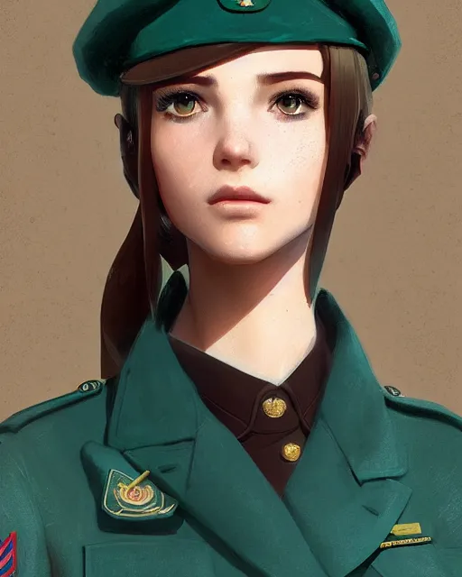 Prompt: portrait bust of young woman with shoulder length light brown hair and hazel eyes dressed in a sharp dark teal military uniform and beret, anime, ilya kuvshinov, greg rutkowski, ross tran, concept art, digital painting
