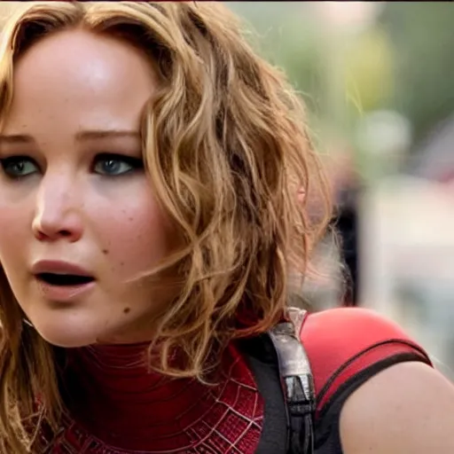 Image similar to Jennifer Lawrence as spidergirl, an film still, movie Hollywood