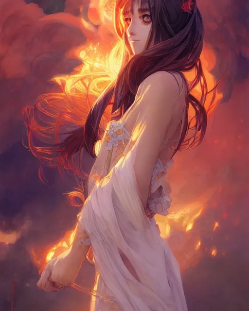 Prompt: beautiful long haired anime girl, fire dress, portrait, flames everywhere, highly detailed, digital painting, artstation, concept art, smooth, sharp focus, illustration, art by artgerm and greg rutkowski and alphonse mucha