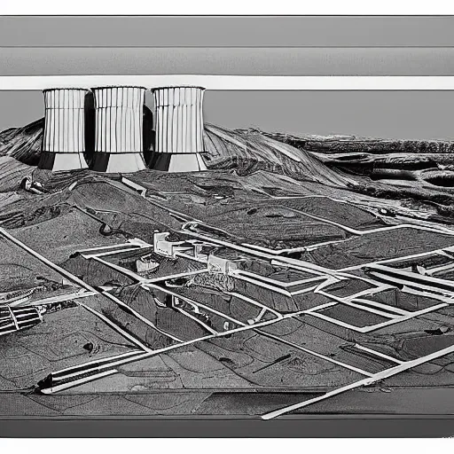 Image similar to A Masterpiece Landscape of a broken down nuclear power station, Nuclear blast imminent, nuclear reactor going critical, Graphic Novel, Pastel Art, Filmic, TriX 400 TX, Electron Microscope, 3D, Beyond Dimensiona, 4k HD, Geometric, Isohedral, Essence, Powerful, Phosphor Display, Multiscopy, DeNoise, insanely detailed and intricate, hypermaximalist, elegant, ornate, hyper realistic, super detailed. Depth Of Field, Steampunk color scheme. Artstation by Hayao Myazaki