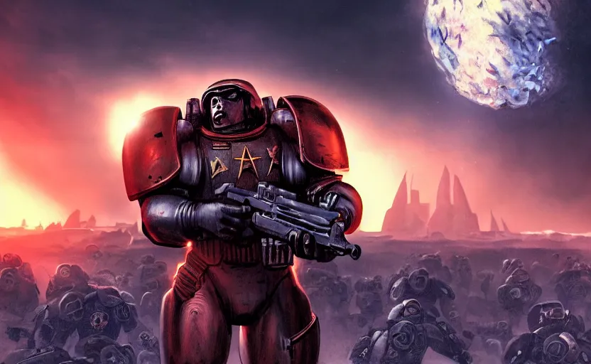 Prompt: gritty comic book cover, beautiful woman! space marine! standing atop rise, sunset lighting, war silhouette in background, hyper realism, realistic shading, cinematic composition, blender render, octane render, hdr, detailed textures, photorealistic, ultrawide shot, 1 6 mm lens