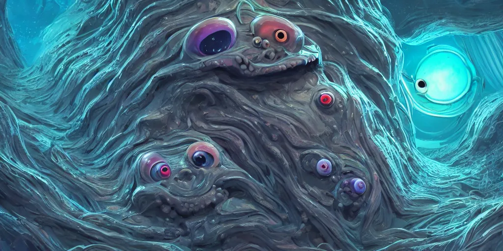 Image similar to of an intricate deep sea with strange cute friendly happy creatures with huge eyes, long tongue, round teeth and goofy funny face, appearing from the background, in the style of gehry and gaudi, macro lens, shallow depth of field, ultra detailed, digital painting, trending artstation, concept art, illustration, cinematic lighting, photorealism, epic, octane render