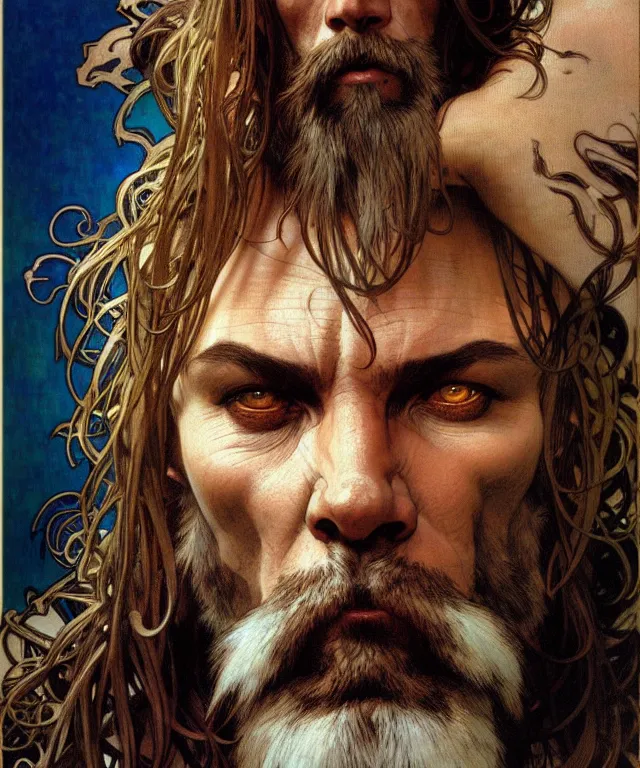 Prompt: realistic detailed face portrait of a rugged beast shaman by alphonse mucha, ayami kojima, amano, greg hildebrandt, and mark brooks, male, masculine, art nouveau, neo - gothic, gothic, character concept design