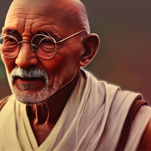 Prompt: a photorealistic portrait of ghandi as a jedi in star wars cinematic lighting, photorealistic, octane render, 8 k, depth of field, 3 d, art by artgerm and greg rutkowski and alphonse mucha and uang guangjian and gil elvgren and sachin ten