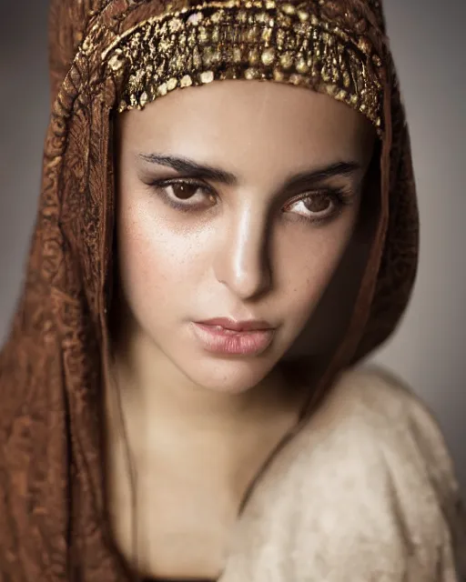 Image similar to a highly realistic, true to life portrait of a beautiful young middle eastern girl, soft focus, from the waist up, with sharp features, a beautiful face, soft smile, under studio lighting, taken with a canon eos camera with 1 3 5 mm focal length by karol bak, james jean, tom bagshaw, rococo, sharp focus, trending on artstation,