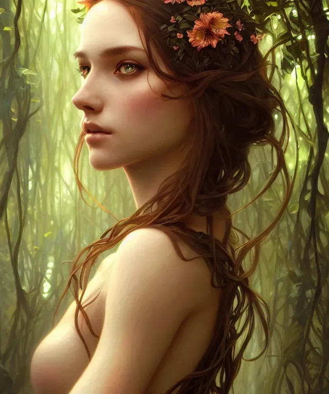 Image similar to Forest nymph woman portrait, amber eyes, face, long hair, fantasy, intricate, elegant, highly detailed, digital painting, artstation, concept art, smooth, sharp focus, illustration, art by artgerm and greg rutkowski and alphonse mucha